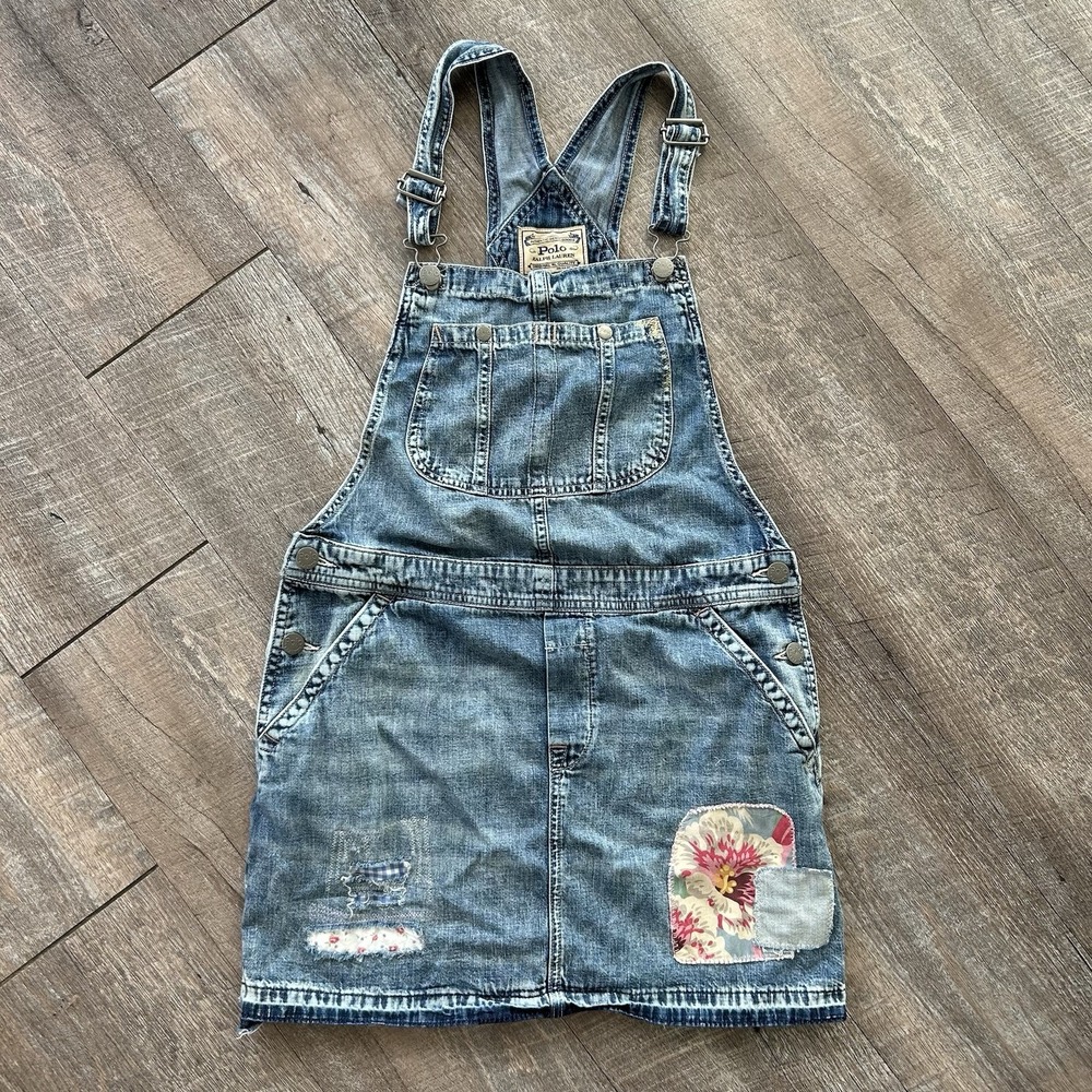 Polo Ralph Lauren Youth Size 16 Overall Dress Denim Jumper Distressed Patchwork